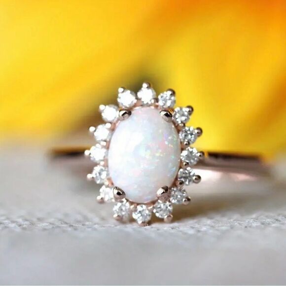 Opal Cubic Zirconia Halo Gold Tone Ring Size 8 NWT - Picture 2 of 6